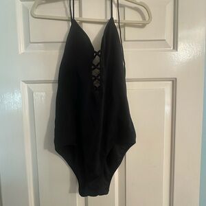 Victoria's Secret Black One Piece Swimsuit with Lace-Up V-Neck